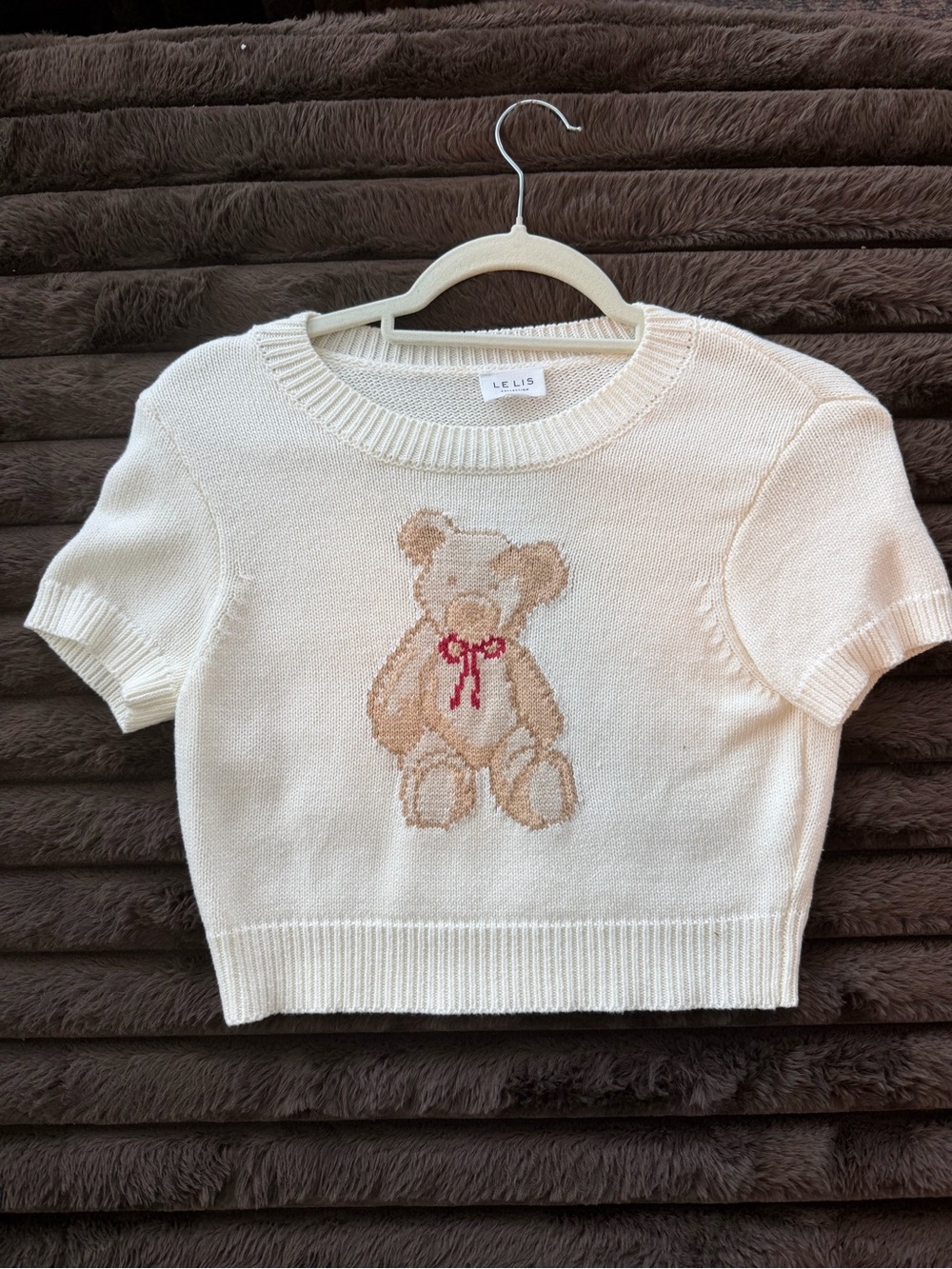 Le Lis Cream Knit Top with Teddy Bear and Red Bow